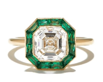 Halo Engagement Ring, White Asscher And Green Baguette Cut CZ Stone Ring, Wedding Ring For Bride, Anniversary Gift For Wife, Birthday Gift