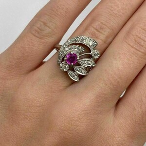 Art Deco Engagement Ring For Her, Vintage Style Ruby Ring, Antique Bezel Set Cocktail Ring, Pink Round & Baguette Cut CZ Stone Dinner Ring