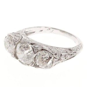 Three Stone Art Deco Vintage Style Ring, Old European Cut Moissanite Diamond Estate Ring, 14K White Gold Edwardian Ring, Mother&#39;s Day Gift