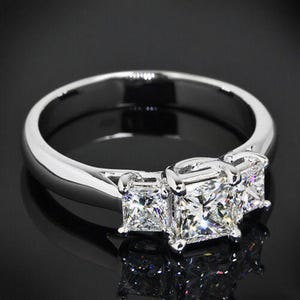 Colorless Princess Cut Moissanite Diamond Wedding Ring, Three Stone 14K White Gold Ring, Engagement Proposal Ring, Past Present Future Ring