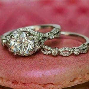 Art Deco Wedding Bridal Ring Set, Round Cut Moissanite Diamond Ring Set, Antique Vintage Style 2 Piece Ring, White Gold Engagement Ring Set