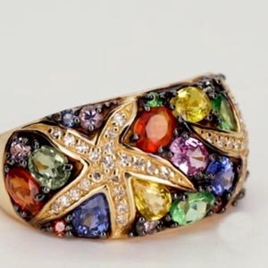 Multi Shape CZ Stone 925 Silver Ring, Women&#39;s &quot;Starfish&quot; Wedding Ring, Multi Gemstone Engagement Ring, Seaside Jewelry, Party Wear Ring