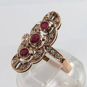 Antique Victorian Ring, Three Stone Ruby Engagement Ring, Pink & White Round CZ Stone, Edwardian Wedding Ring,Art Deco Cocktail Ring For Her
