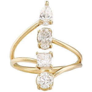 Four Stone Open Gap Ring, Multi Shape Moissanite Diamond 14K Yellow Gold Ring, Index Finger Ring, Wedding Engagement Ring, Promise Ring