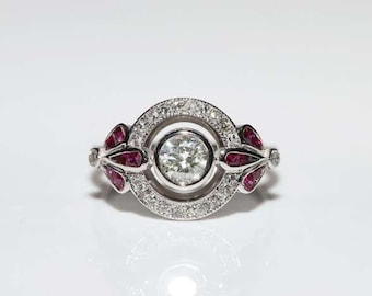 Anello in stile retrò con rubino antico, anello nuziale rotondo con pietra zircone cubico rosa taglio baguette, anello di fidanzamento Art Déco, anello di promessa con alone incastonato