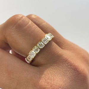 18K Yellow Gold Wedding Band, Asscher Cut Moissanite Diamond Bezel Set Eternity Band, Anniversary Gift For Wife, Index Finger Band Ring
