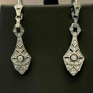 925 Silver Vintage Style Dangle Earring, Round Moissanite Diamond Antique Art Deco Earring, Edwardian Earring For Women, Lever Back Earring