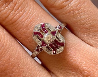 Anello di fidanzamento Art Déco, anello edoardiano con pietra CZ multiforme, anello con rubino in stile vintage antico, anello retrò di metà secolo, anello nuziale da donna