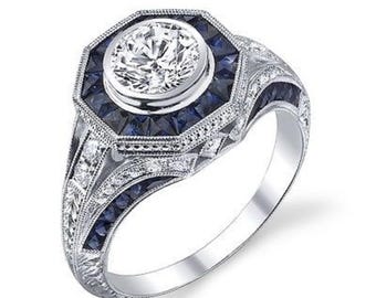 Antique Art Deco Sapphire Ring, Blue Baguette & Round Cut CZ Stone Retro Ring, Octagon Shape Halo Ring, 925 Silver Wedding Bridal Ring