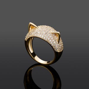 14K Gold Cat Ears Ring, Round Cut Moissanite Diamond &quot;CAT&quot; Ring, Women&#39;s Wedding Promise Ring, Pet Lover Ring, Birthday Gift For Cat Lover