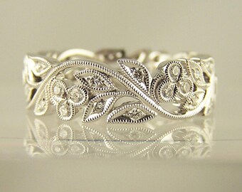 14K Gold Floral & Leaf Inspire Wedding Band, Round Moissanite Diamond Eternity Band, Milgrain Filigree Band, Antique Art Deco Stacked Band