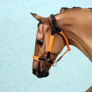 May include: Orange and black nylon horse halter with a metal buckle and ring.