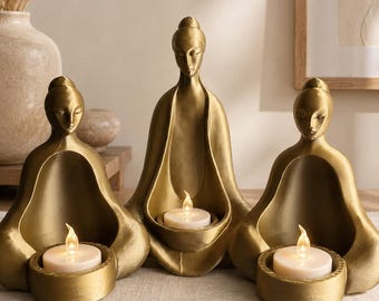 Juego de portavelas LED esculturales, decoración con figuras para meditación, portavelas, decoración de estante zen, regalo para sala de yoga