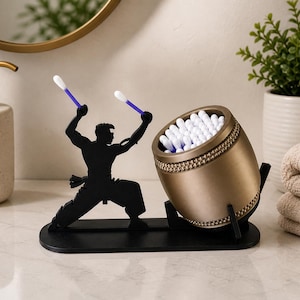 Porta cotton fioc a forma di batterista Taiko, porta cotton fioc stampato in 3D, organizer da bagno unico, decorazione per il bagno.