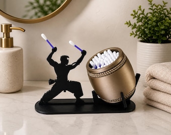 Taiko Drummer Q Tip Holder, 3D Printed Cotton Swab Holder, Unique Bathroom Organizer, Vanity Decor