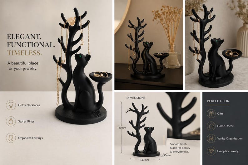 May include: A matte black jewellery organiser featuring a cat figure sitting next to a tree-shaped stand with multiple branches for necklaces and a small circular tray for rings. The base measures 140mm wide, 95mm deep, and 180mm in height.
