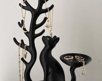Soporte para joyas con forma de gato negro, organizador de collares moderno, plato para anillos, decoración minimalista.