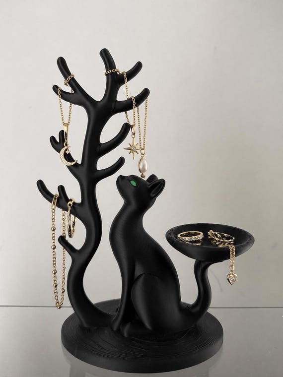 Black Cat Jewelry Holder, Modern Necklace Organizer Stand, Ring Dish, Minimalist Decor
