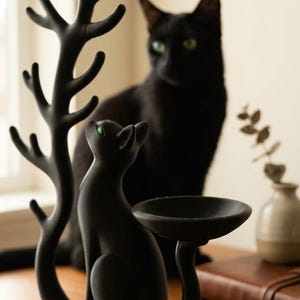 May include: A matte black cat-shaped jewellery holder featuring a seated cat figure, a tree-like branch for hanging items, and a small circular dish attached to the cat's tail, all set on a round, textured base.