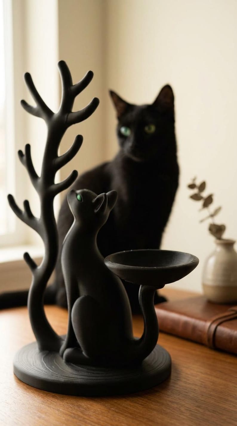 May include: A matte black cat-shaped jewellery holder featuring a seated cat figure, a tree-like branch for hanging items, and a small circular dish attached to the cat's tail, all set on a round, textured base.