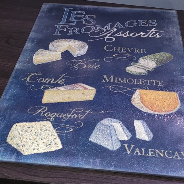 Glass Cutting Board 13" x 9 3/4" French Wording & Assorted Cheeses Design Kitchen Tool Accessory Blue White Rectangle Excellent Condition