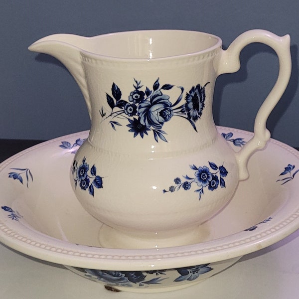 Vintage Lord Nelson Pottery England Pitcher & Bowl White Blue Floral Porcelain Numbered Handcrafted Collectible Home Decor Great Condition