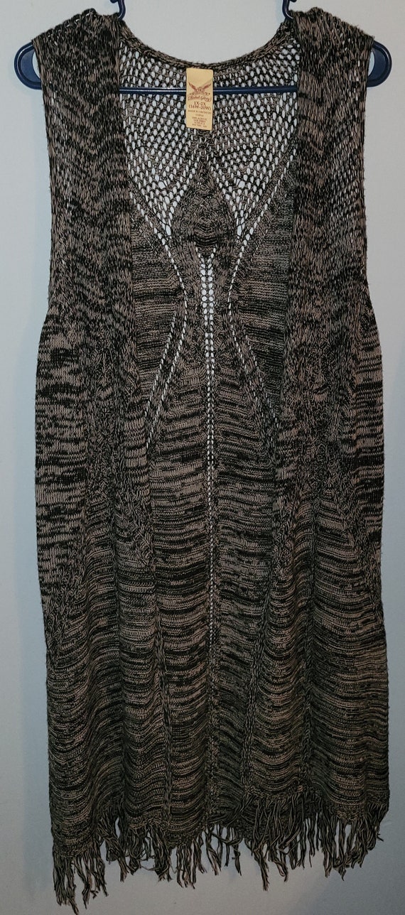 Faded Glory Long Maxi Fringed Gray Sleeveless Sweater Vest Jacket