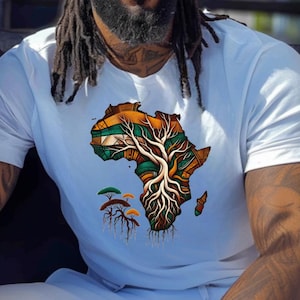 Afrikanische Wurzeln Kulturerbe T-Shirt, Afrika Karte Baum Zweig T-Shirt, Kulturelle Verbindung Erdige Farben Shirt, Unisex Jersey Kurzarm Top für Männer