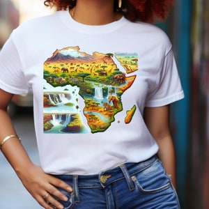 Naturlandschaften Unisex T-Shirt, Wahrzeichen Illustration T-Shirt, Serengeti Sahara Karte Shirt, Victoria Falls Geographie Top, Fernweh Reisende