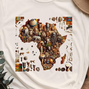 Camiseta unisex con símbolos africanos, diseño de mapa de tambores y máscaras tribales, camiseta con artefactos culturales, camiseta de herencia africana, camiseta con instrumentos tradicionales