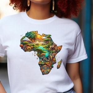 Camiseta unisex con mapa africano, estampados de campos de árboles y pasto africano, idea de regalo de camiseta étnica, camiseta para amantes de la naturaleza de safari, camiseta de patrimonio cultural