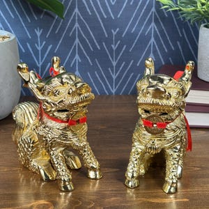 Gold Pixiu Statues Feng Shui Decor Pair of Chinese Dragon Lion Guardian Figures for Wealth Luck Protection Gift for Housewarming or Business
