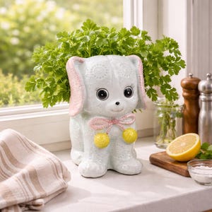 Vintage Relpo Hundefigur Pflanzgefäß für kleine Pflanzen, Keramiktopf für Kräuter, Kitsch Fensterbankdekor, Sukkulentenhalter Geschenk für Hundeliebhaber