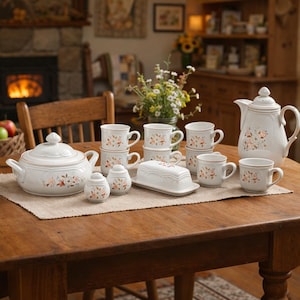 Vintage Cottage Steingut Kaffeekanne, Tassen, Butterdose, Salz und Pfefferstreuer, Terrine, Ersatzgeschirr aus Porzellan von Countryware