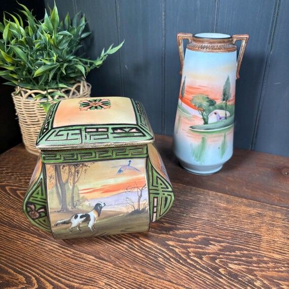 Antique Nippon Tobacco Jar Humidor or Hand Painted Vase Gift Vintage  Japanese Porcelain with Green Wreath and Cherry Blossom Marks