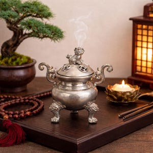 Vintage Foo Dog Incense Burner Censer, Asian Feng Shui Decor, Chinese Altar Incense Holder, Spiritual Meditation Decor Gift