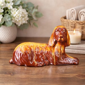 Vintage Blue Mountain Pottery Dog Figurine Gift, Ceramic Cocker Spaniel Sculpture, Retro Orange Brown Lava Drip Glaze Canadian Pottery
