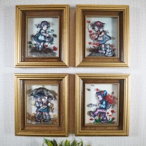 Lot de 4 images vintage 3D en carton avec boîte à ombres, style Hummel, cadre doré, oeuvre d'art pour chambre d'enfant, oeuvre d'art vintage pour chambre d'enfant, décoration murale