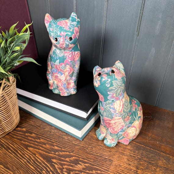 Vintage Decoupage Cat Figurines, Floral Paper Mache Folk Art Decor