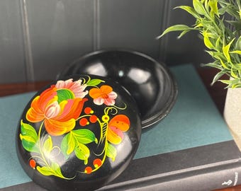 Vintage Khokhloma Trinket Box: Hand-Painted Russian Floral Folk Art