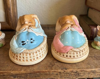 Vintage Pendelfin Stonecraft Bunny Figurine: Sleeping Poppet in Basket - Choice of Blue or Pink