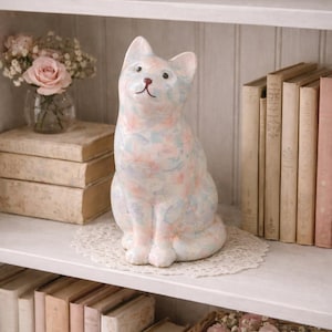 Vintage Floral Decoupage Cat, Large Feline for Cottagecore Home Decor, Paper Mache Figurine