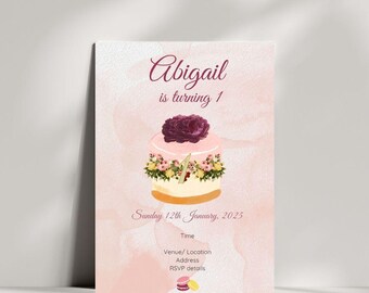 Flower 1st Birthday Invitation, Editable Canva Template (Digital Invite)