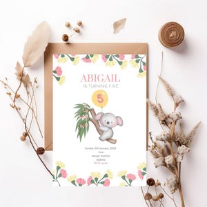 5th birthday invitation Girls koala invite, printable evite Girl 5th Birthday Invite kids birthday invitation Canva template fifth birthday