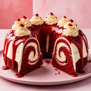 Puede incluir: Un pastel bundt de terciopelo rojo con glaseado de queso crema blanco y un chorrito de chocolate rojo. El pastel está decorado con diseños de espiral rojo y blanco.