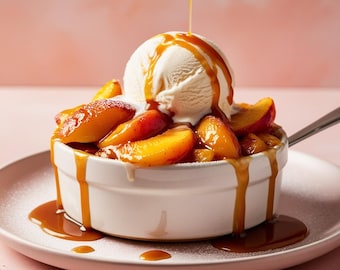 May include: A white ceramic bowl filled with sliced peaches and topped with a scoop of vanilla ice cream. Caramel sauce is drizzled over the peaches and ice cream.