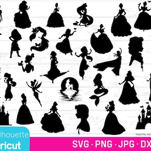 Prinzessin Silhouette Bundle, SVGs, PNGs, JPGs, DXFs, Prinzessinnen Schnittdateien, Prinzessin SVG, Prinzessin Clip Art, Prinzessin Silhouetten - 31 Designs!