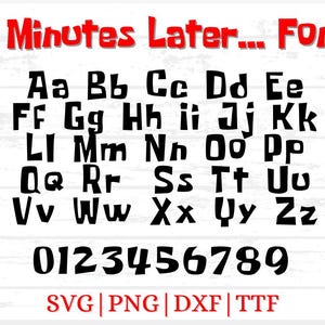 Fuente 3 Minutes Later (PNG), Fuentes SVG, Fuente de dibujos animados, Letras de Bob Esponja, Alfabetos de burbujas de dibujos animados, Fuentes Cricut, Minutes Later (SVG), Fuentes TTF