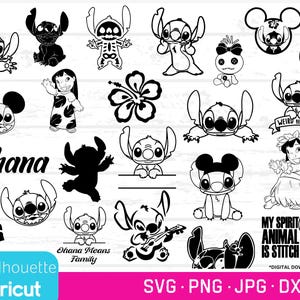 Pacchetto di file SVG, PNG, JPG, DXF di Lilo e Stitch, file di taglio Ohana, clip art Stitch, file svg Lilo, silhouette Lilo e Stitch, file DXF Stitch