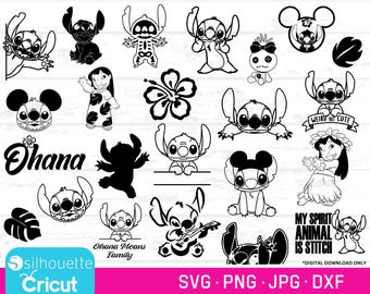 Bundle of SVGs, PNGs, JPGs, DXFs Lilo and Stitch cut files,  Ohana svg, Stitch clip art, Lilo svgs, Lilo and Stitch Silhouettes, Stitch DXFs